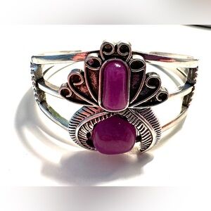 Silver Cuff Bracelet Purple Gemstone & Feathers Southwest/Native Style Boho
